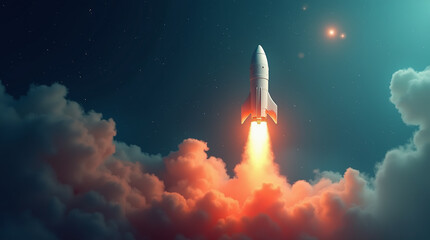 Fototapeta premium A futuristic rocket launches into space, leaving a fiery trail against a vibrant nebula backdrop.