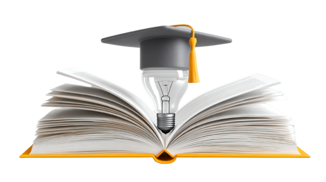 A creative representation of an open book with a graduation cap, symbolizing knowledge and learning.