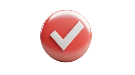 Round red sticker featuring a prominent white check mark, representing approval and success for diverse uses, isolated on white, PNG