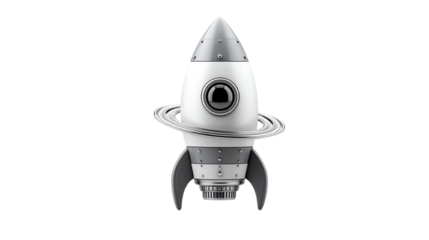 A futuristic rocket design with a sleek body and distinctive ring, isolated on a white background.