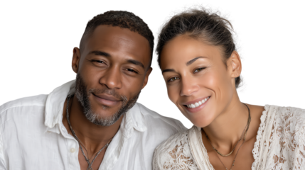 A joyful couple smiling together, showcasing love and connection against a white background.