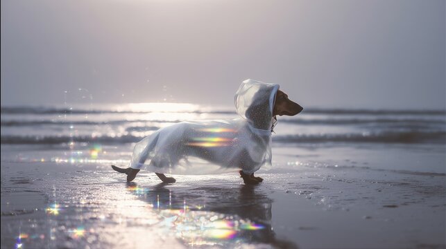 Stylish dachshund in a glitter raincoat walking on the beach at sunset. A whimsical blend of pet fashion, holographic glow, and dreamy summer vibes in mermaidcore aesthetic. - Powered by Adobe