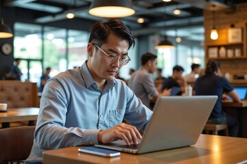 East Asian Male in Forties Actively Managing Social Media for Business Using Laptop and Phone in Busy Cafe Environment