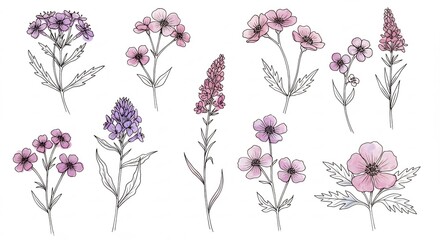 Delicate pastel wildflowers gently sketched botanical illustration. AI Generated
