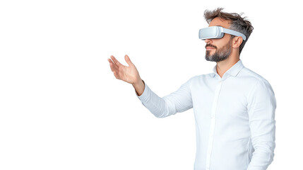 A man wearing virtual reality goggles, gesturing as he interacts with a digital environment.