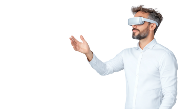 A man wearing virtual reality goggles, gesturing as he interacts with a digital environment.