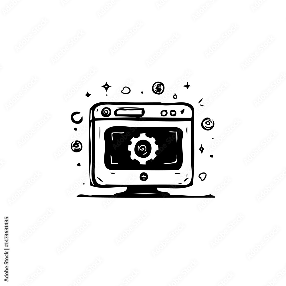 Aufkleber sketch-style computer displaying gear, representing configuration or technical service