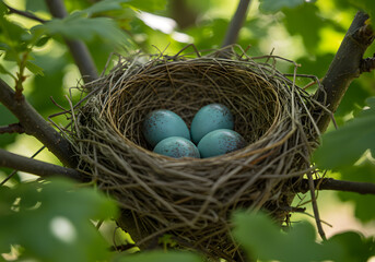 Obraz premium Serene Bird's Nest with Delicate Blue Eggs nestled in a Tree's Embrace