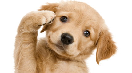 A playful golden retriever puppy tilting its head, showcasing curiosity and adorableness against a white isolate background.