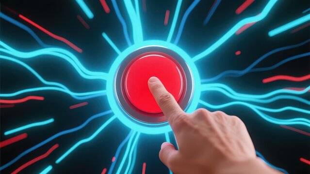 A finger presses a glowing red button amidst a vibrant, action-themed background filled with electric blue and red energy lines. The atmosphere is charged with intensity and excitement
