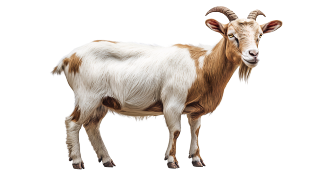 Goat with brown and white fur stands on a farm setting, isolated, created with Generative AI
