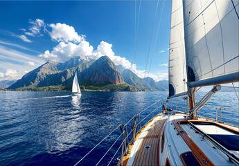 Sailboat Near Rugged Coastal Mountains