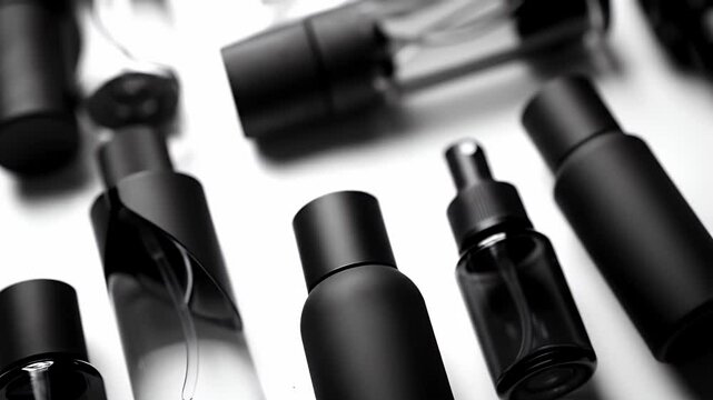Black cosmetic bottles arranged on white surface