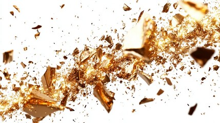 Gold shards explode in a burst against white