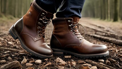 Brown men's winter boots on a forest trail, featuring rustic textures, thick soles, and lace-up design for outdoor adventure and comfort.