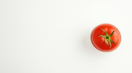 A ripe red tomato with a green stem sits in a white bowl.