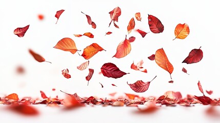 Autumn leaves falling gracefully against a white background