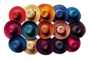 A vibrant collection of colorful hats arranged in a pleasing pattern on a white isolated background.