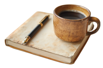 A warm cup of coffee next to an open book and a pen, perfect for cozy reading sessions.