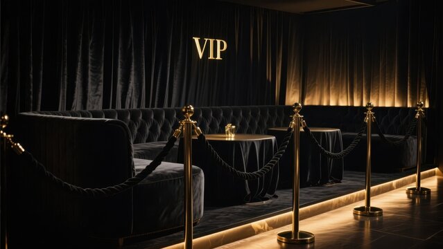 A plush velvet rope VIP section welcomes guests with moody lighting, creating an atmosphere of luxury and exclusivity. The elegant seating and stylish decor invite relaxation