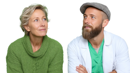 A woman and a man smiling and looking up, showcasing a friendly interaction on a white isolated background.