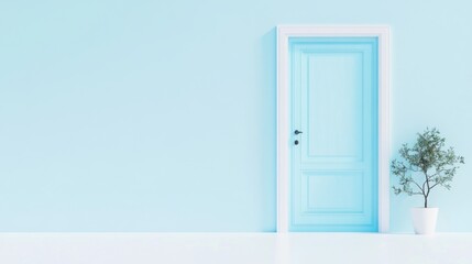 Calm Blue Door Against Soft Wall with Potted Plant in Minimalist Space