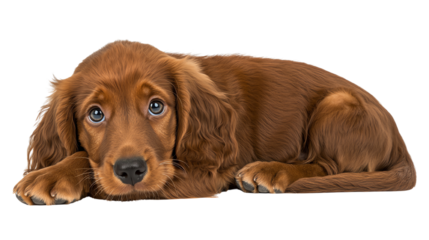 Adorable brown puppy resting on a white isolate background, showcasing its sweet expression and fluffy fur.