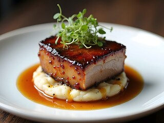 Glazed Pork Belly with Truffle Mash: A gourmet plate featuring slow-roasted glazed pork belly, served with creamy truffle mashed potatoes and microgreens on elegant white porcelain.