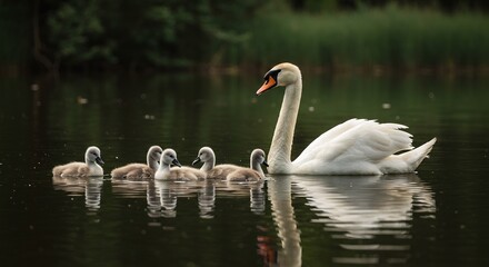Obraz premium Graceful swan gently guides fluffy cygnets across calm lake water at sunset. AI Generated