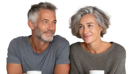 Cheerful couple enjoying coffee together, smiling and sharing a moment of happiness, isolated on a white background.