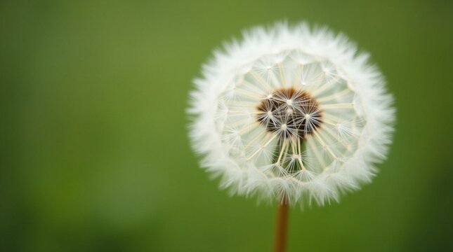 A fluffy white dandelion seed head, a mature blowball of the spring weed, stands against a vibrant green grass background in nature