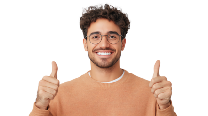Cheerful man giving thumbs up with a bright smile, isolated on white background.