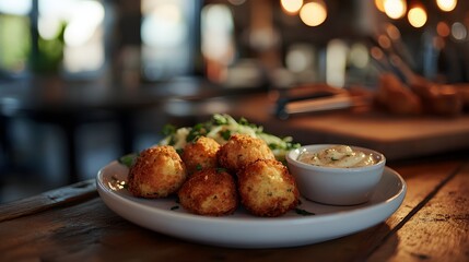 Golden falafel with dipping sauce on a round white plate.

