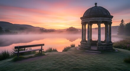 Scenic sunrise over lake with gazebo and bench in foreground