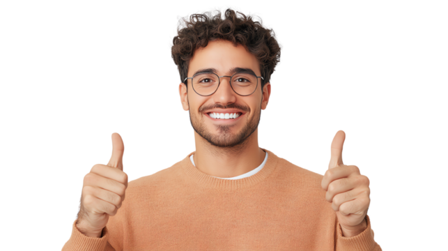Cheerful man giving thumbs up with a bright smile, isolated on white background.
