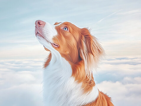 Dog above clouds with hopeful gaze.
