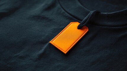Orange tag on dark gray/black t-shirt