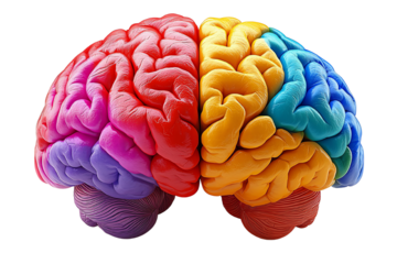 Colorful brain illustration symbolizing creativity and cognition on a white isolated background.