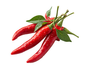 Three Red Chili Peppers with Water Droplets and Leaves, PNG