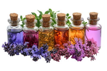 Colorful herbal infusion bottles with cork stoppers and fresh herbs on isolated background.