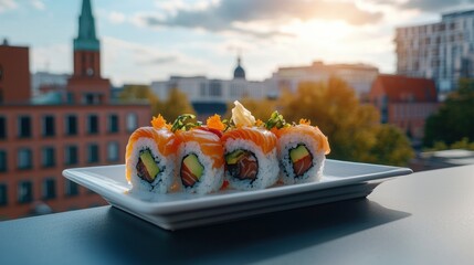 Colorful Sushi Plate in Front of Berlin Wall with Sunset in Background