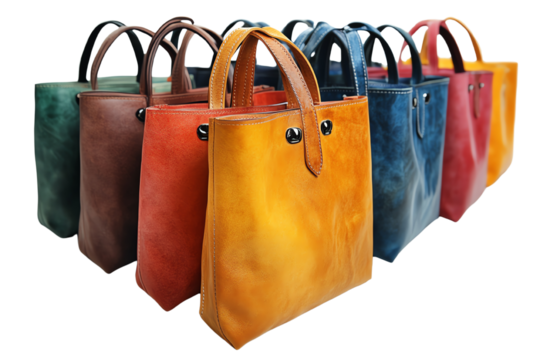 Colorful leather tote bags arranged in a row, showcasing various textures and shades on a white isolated background.