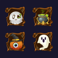 Obraz premium Four Halloween icons or symbols in Spooky frame tree design for decoration elements design greeting cards, invitation, print, game elements or slot symbols