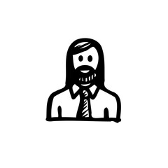 Sketch of a professional individual with long hair and beard in tie and shirt