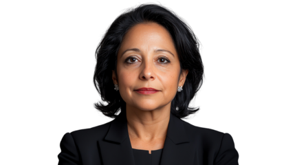 Confident woman in formal attire, standing with arms crossed, serious expression, isolated on white background.