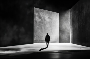 A man walks through a dark room with a large wall in the background. The room is dimly lit, and the man's shadow is cast on the floor. Scene is somber and mysterious
