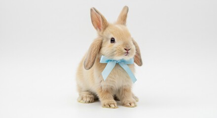 Obraz premium Adorable fluffy bunny sits calmly wearing a light blue bow against a bright white background. AI Generated