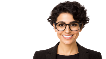 Confident young woman with curly hair and glasses smiling in a professional outfit, isolated on a white background.