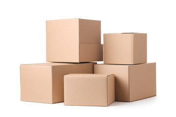 Obraz premium Stack of cardboard boxes of different sizes isolated on white