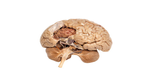 Detailed view of a human brain showcasing its intricate structure and anatomy, perfect for educational purposes.